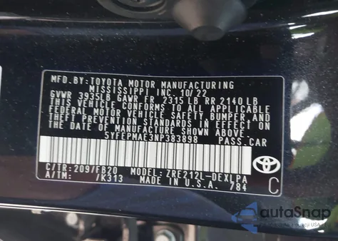 2022 Toyota Corolla Le z USA, uszkodzony, nr VIN 5YFEPMAE3NP383898